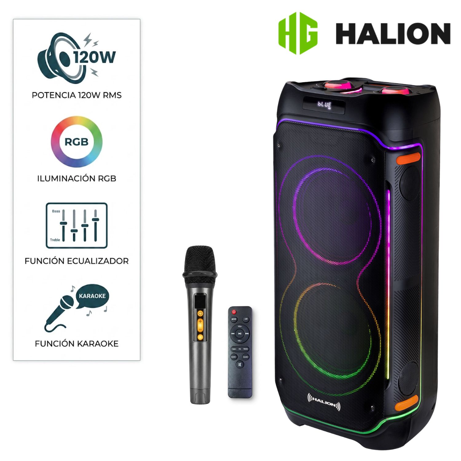 TORRE DE SONIDO HALION HA 1045 MAMBO TWS USB FM RGB + MICRÓFONO - 1