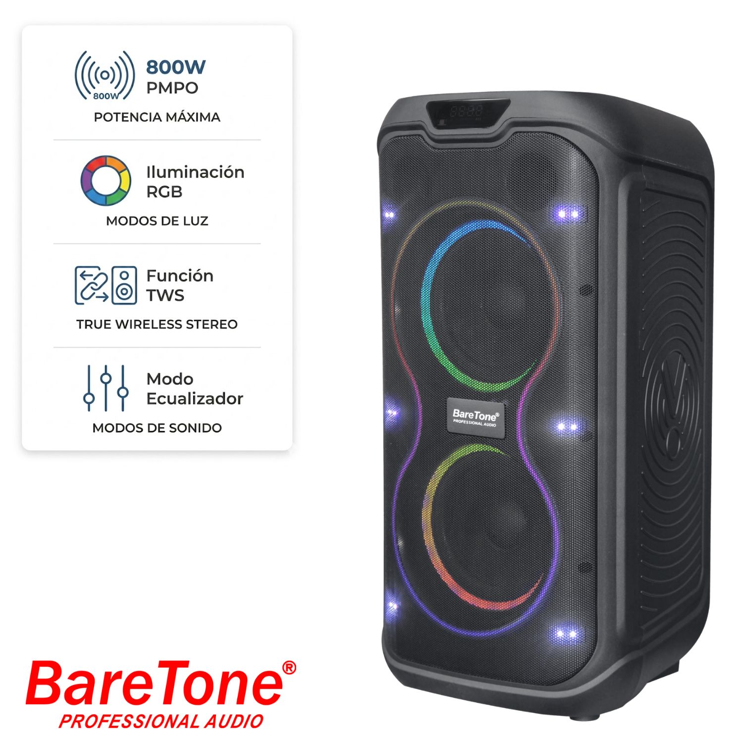 PARLANTE BARETONE MAX-265E1 800W PMPO USB BT TWS LUCES RGB - 1