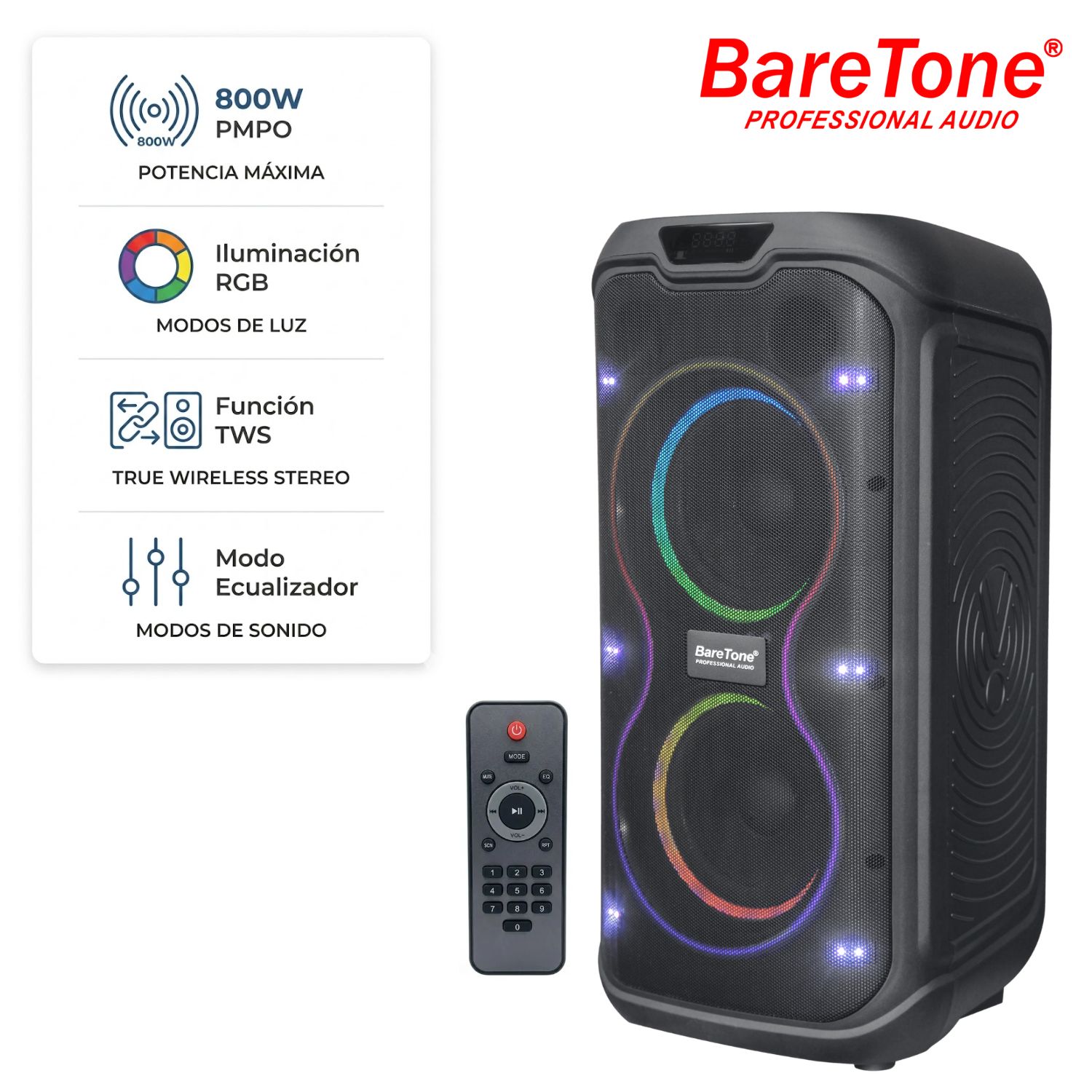 PARLANTE BARETONE MAX-265E1 PMPO 800W USB BT TWS LUCES RGB - 1