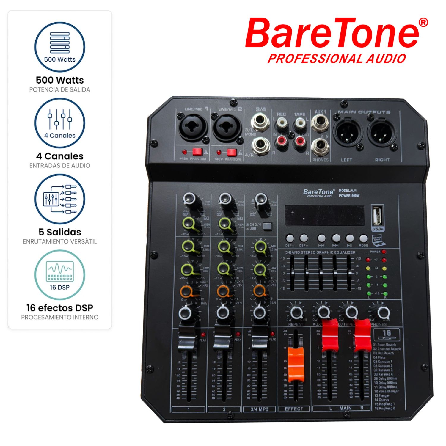 CONSOLA MEZCLADORA AMPLIFICADA BARETONE AJ4 PROFESIONAL - 1