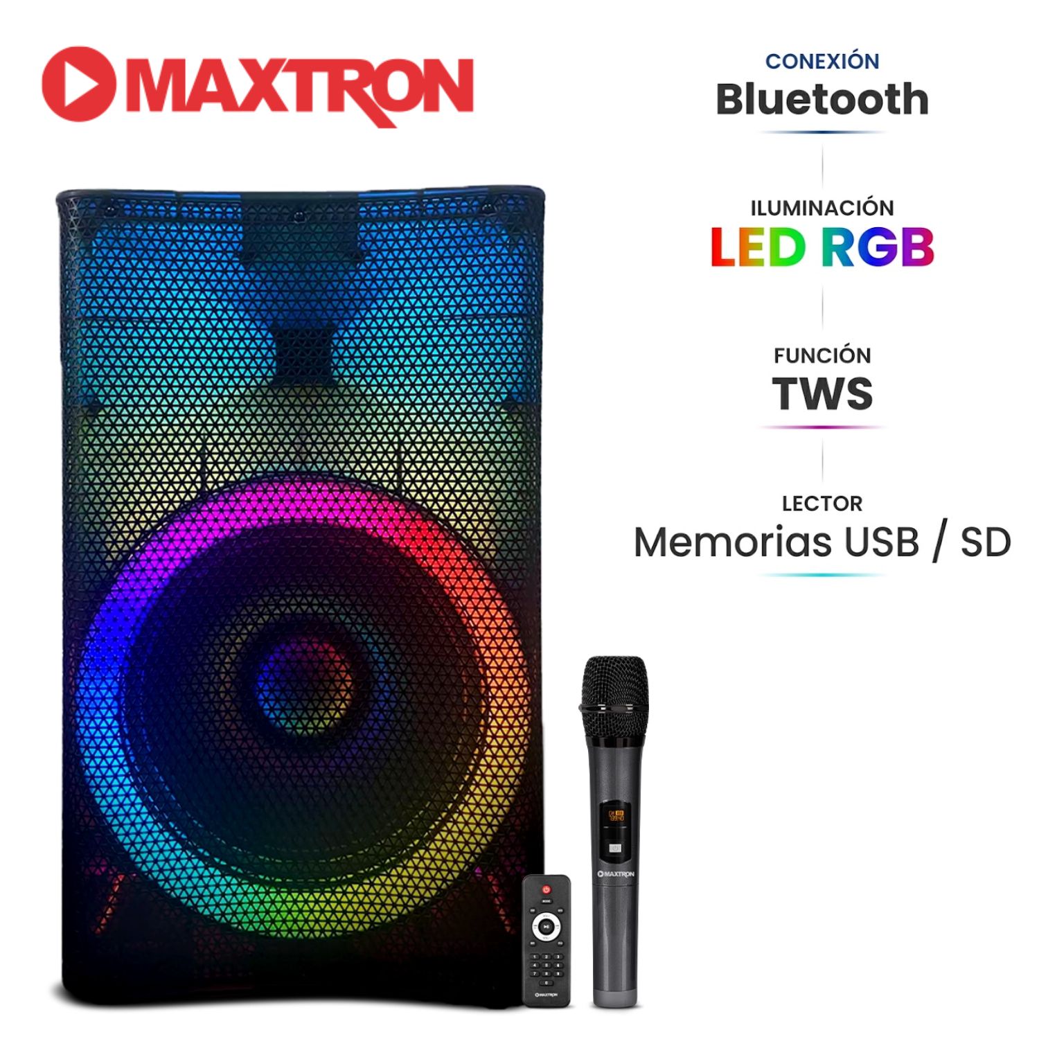 PARLANTE ACTIVO MAXTRON MX 1501 RAINBOW BOUFER 15' USB BT TWS LED RGB - 1