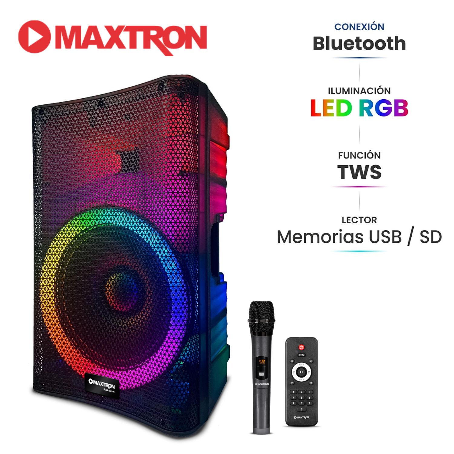 PARLANTE SEMI PROFESIONAL MAXTRON MX 1501 RAINBOW BOUFER 15' USB BT TWS LED RGB - 1