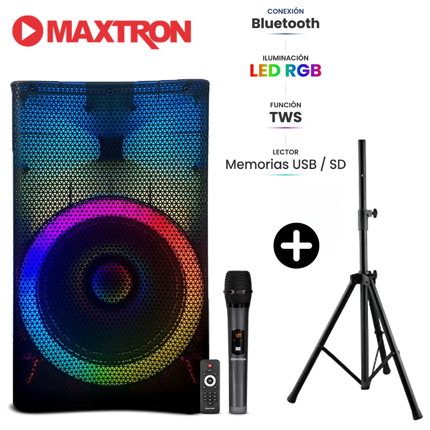 PROMO TRIPODE + PARLANTE MAXTRON MX 1501 RAINBOW BOUFER 15' USB BT TWS LED RGB - 1