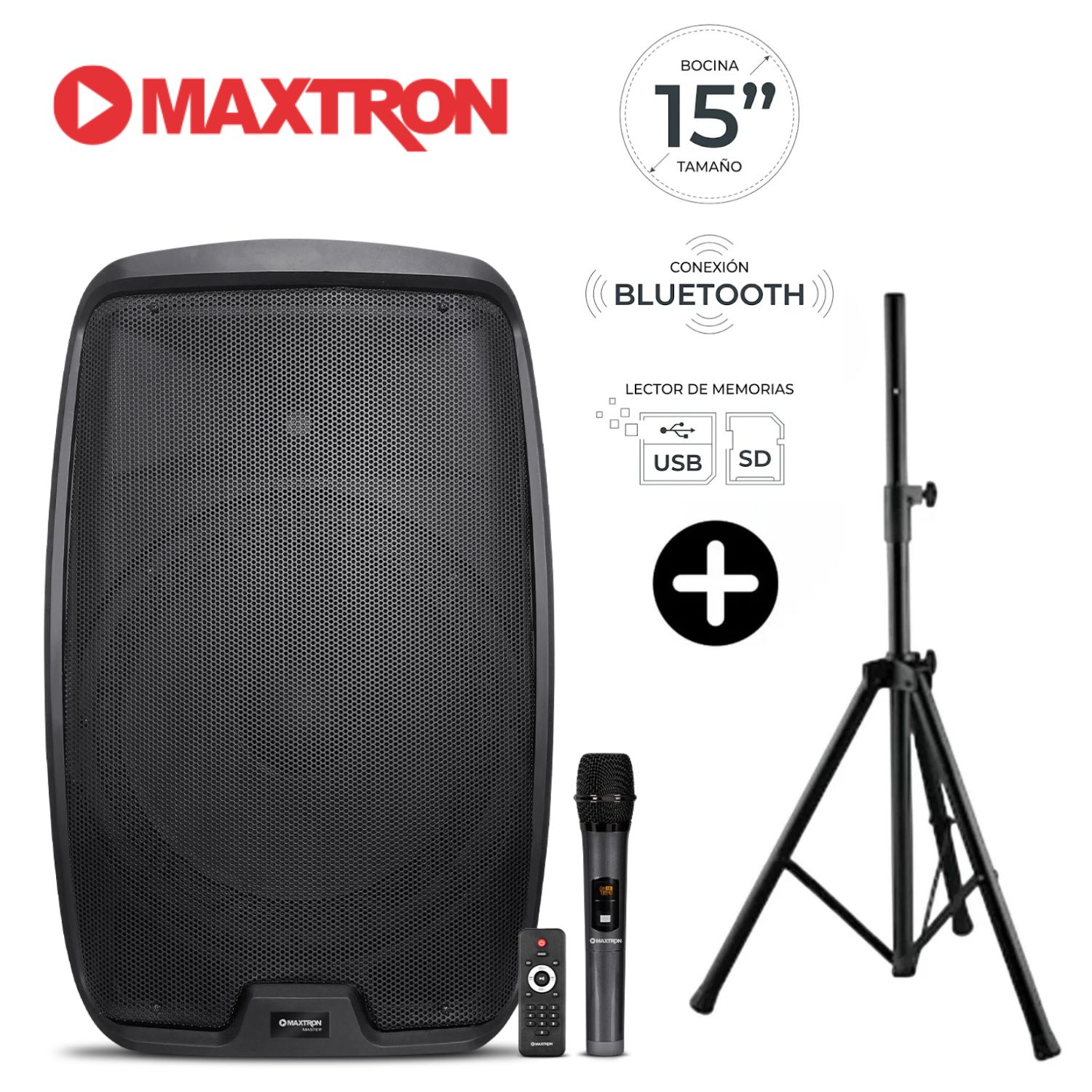 PROMO TRÍPODE + PARLANTE SEMI PROFESIONAL MAXTRON MX 1503AC MASTER BOUFER 15' USB BT TWS - 1