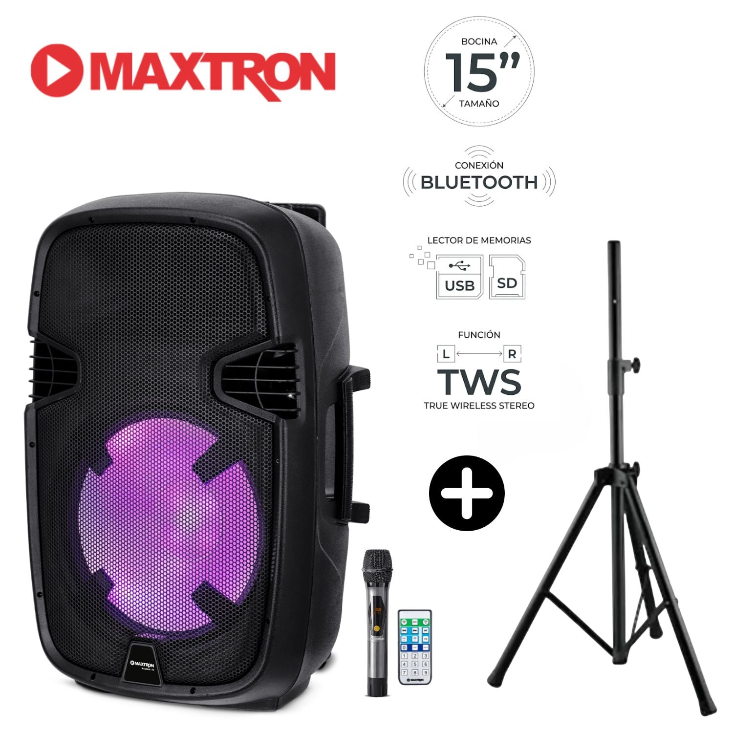 PROMO TRÍPODE + PARLANTE MAXTRON SCADIUN MX 1500 DIRECTO AC USB SD BT TWS - 1