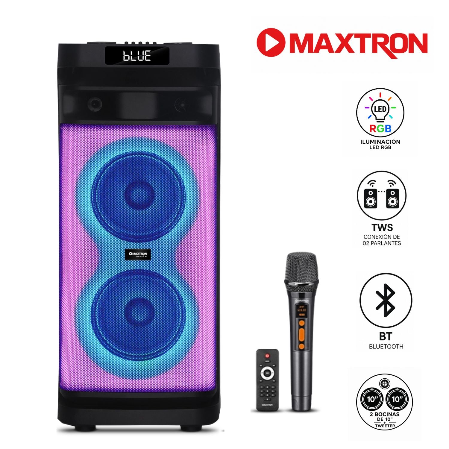 TORRE DE SONIDO MAXTRON INFINITY XT MX 1038 PRO BOUFER 10' X 2 USB BT TWS 01 MICRO - 1