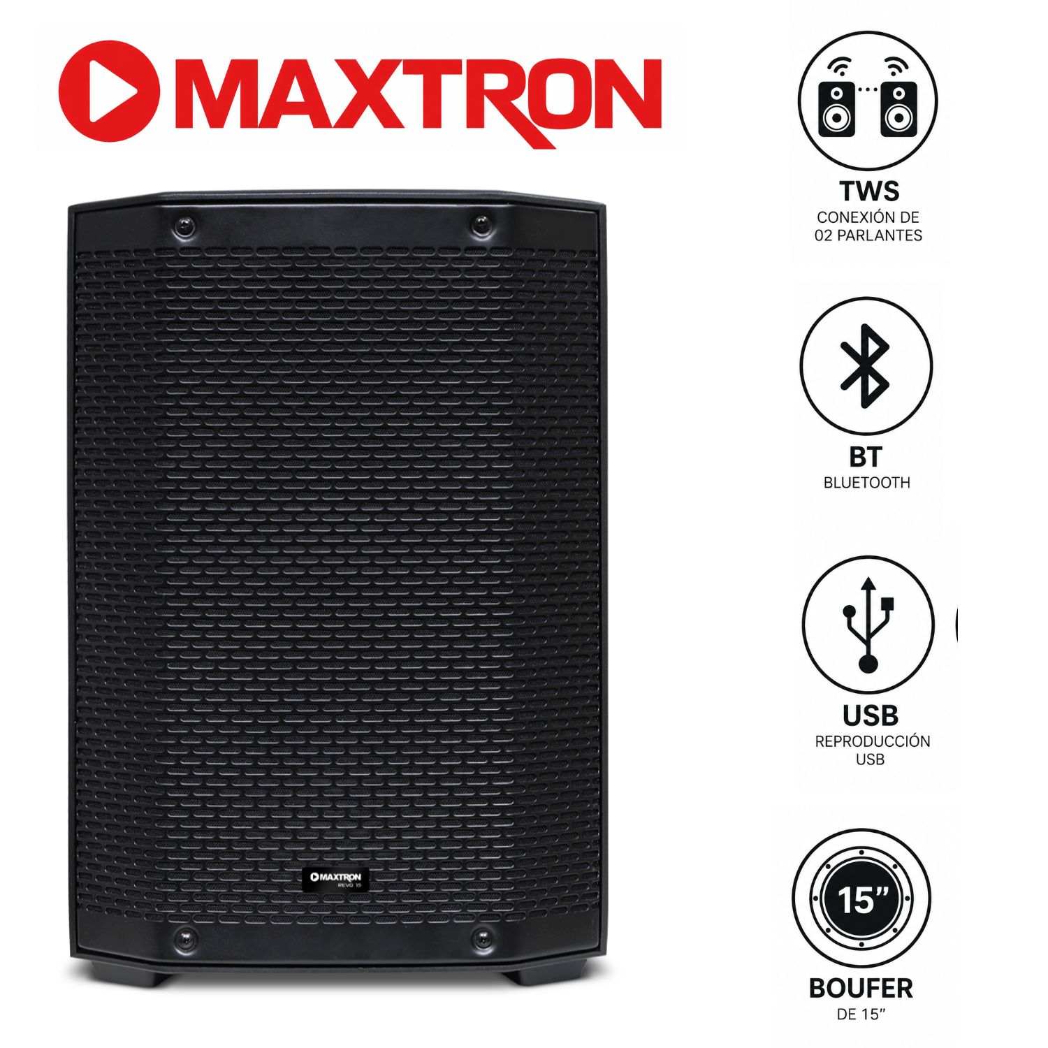 PARLANTE PORTATIL MAXTRON REVO MXT 8115 BOUFER 15” USB BT TWS CON DSP PROFESIONAL - 1