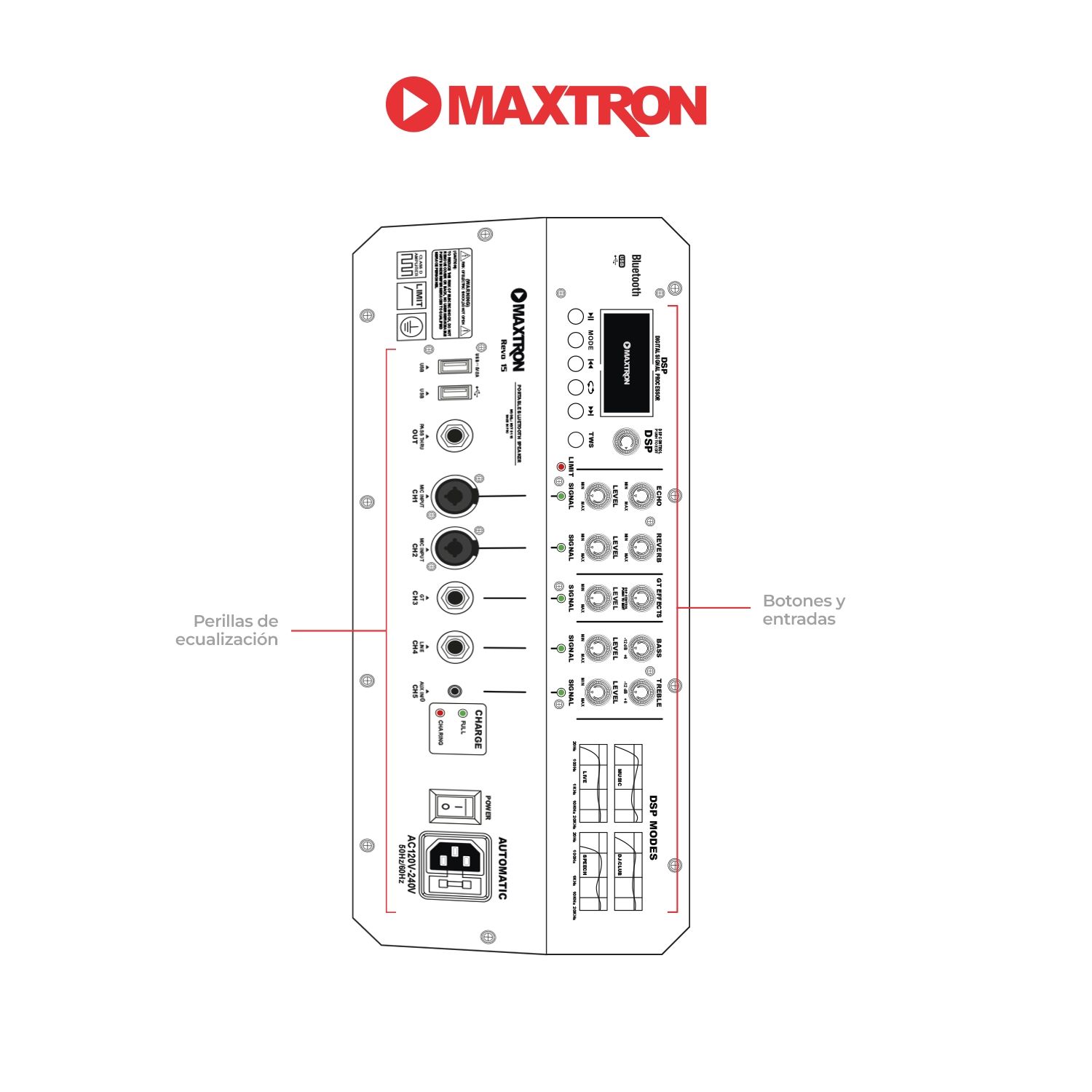 PARLANTE PORTATIL MAXTRON REVO MXT 8115 BOUFER 15” USB BT TWS CON DSP PROFESIONAL - 2