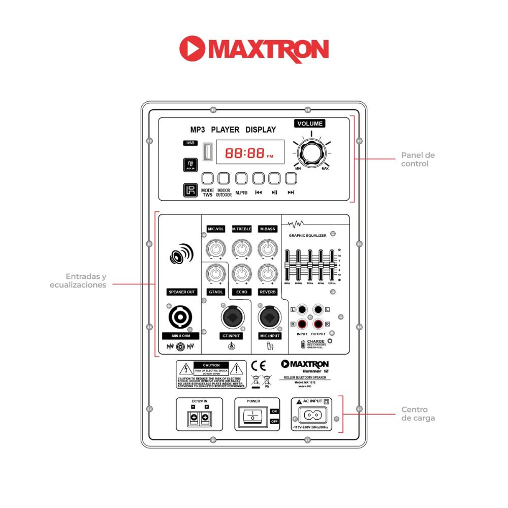 'TITULO: PARLANTE PORTATIL MAXTRON HUMMER MX 1512 BOUFER 12” USB BT TWS CON DSP PROFESIONAL - 4