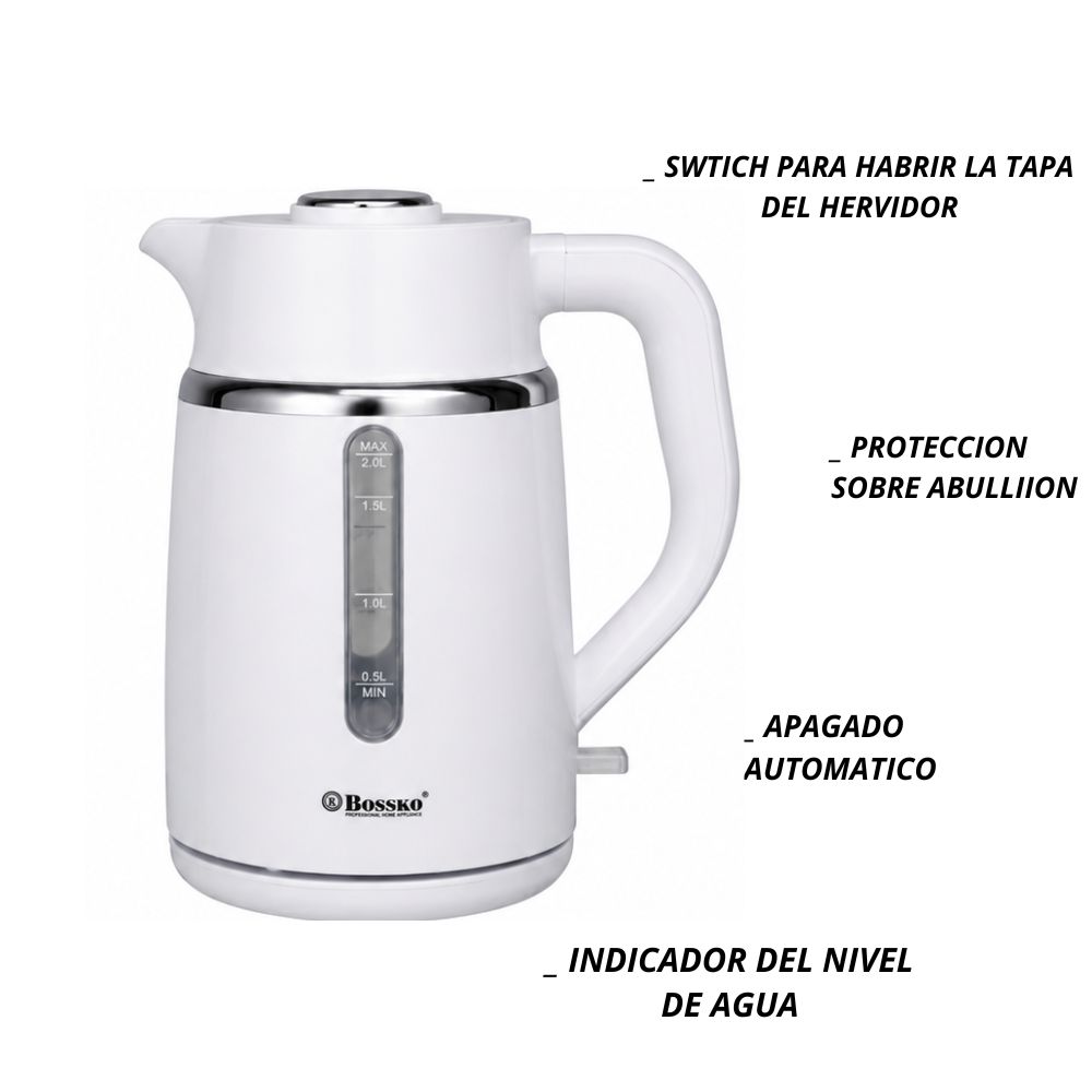 HERVIDOR MODERNO BOSSKO BK 286HV 2 LITROS BLANCO - 4
