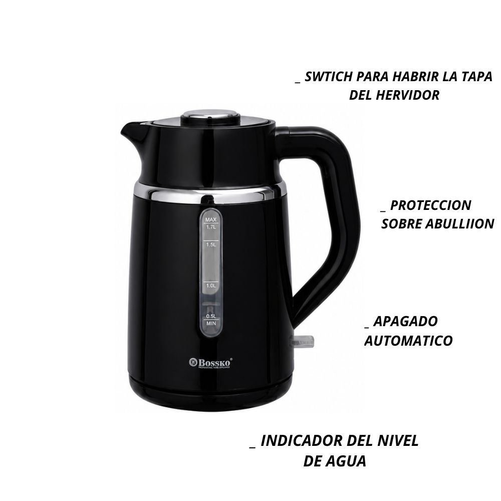 HERVIDOR MODERNO BOSSKO BK 286HV 2 LITROS NEGRO - 5