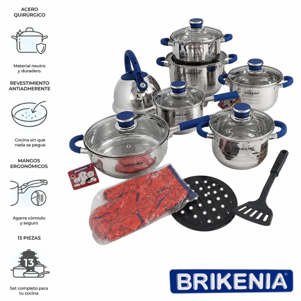 JUEGO DE OLLAS BRIKENIA BES 9148 13 PIEZAS EN ACERO QUIRÚRGICO CON TETERA SILBADORA COLOR ALEATORIO - 1