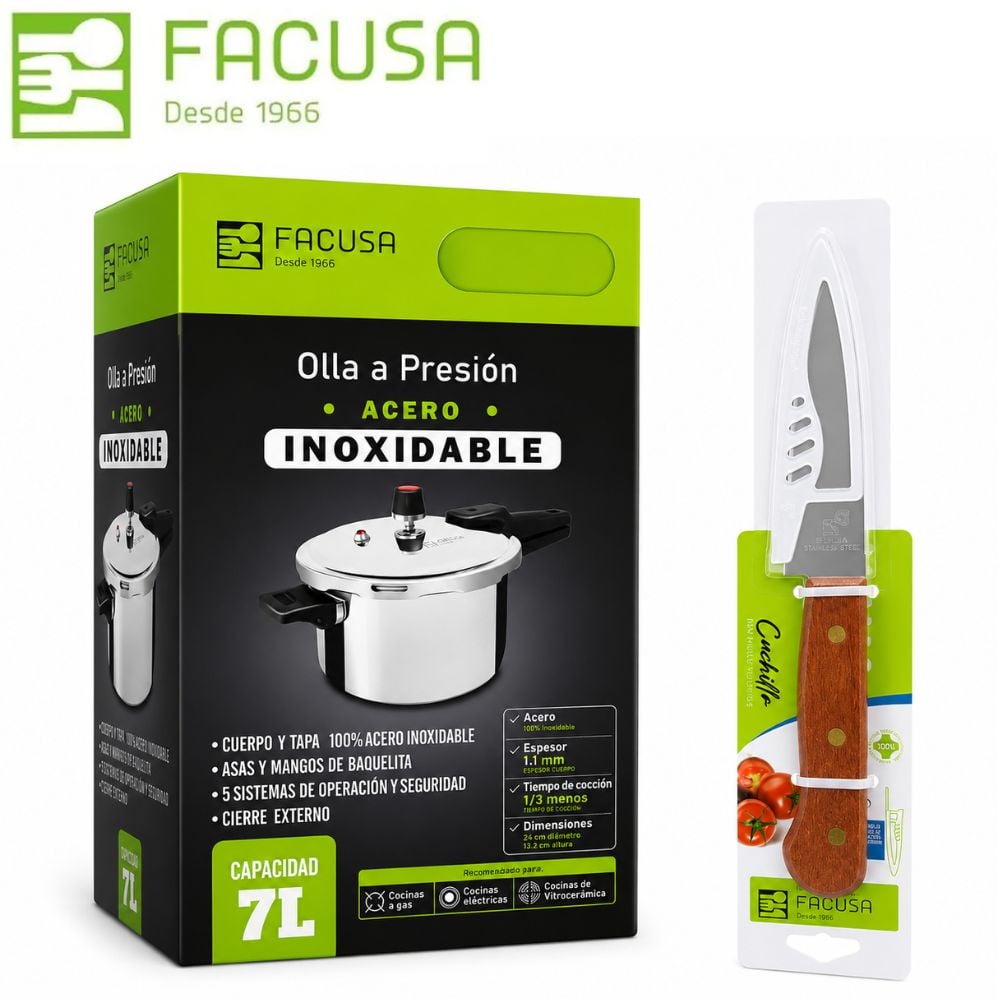 PROMO FACUSA OLLA PRESION DE 7LT ACERO INOXDABLE + CUCHILLO - 1
