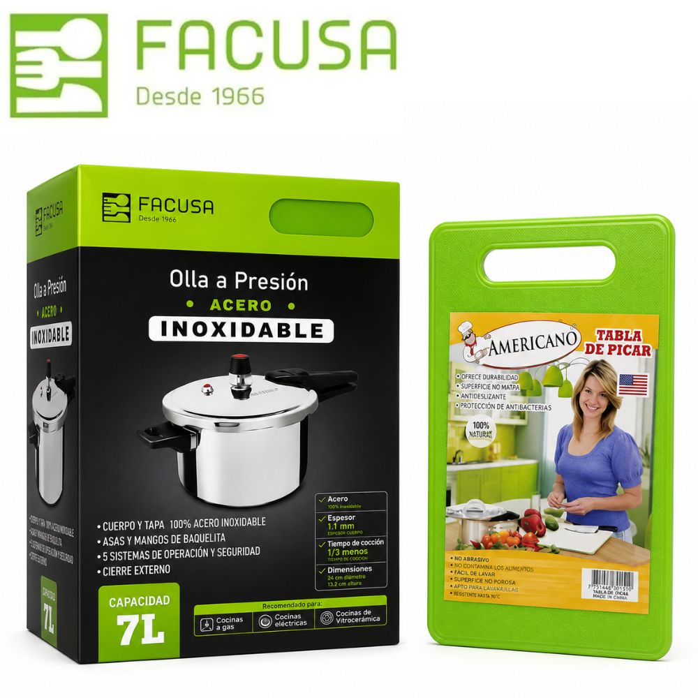 PROMO FACUSA OLLA PRESION DE 7LT ACERO INOXDABLE + TABLA DE PICAR - 1