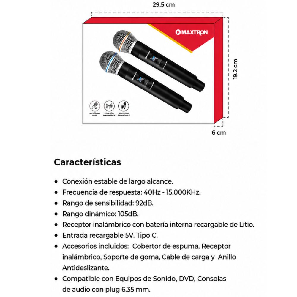 MICRÓFONO DUAL MAXTRON VOCALIST  RX - MX 7238 RX  INALÁMBRICO RECARGABLE - 3