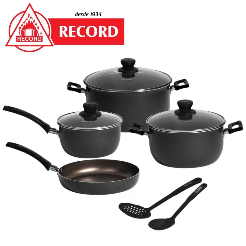 JUEGO DE OLLAS RECORD ESSENTIAL ANTIADHERENTE CON UTENSILIOS 9 PIEZAS NEGRO - 1