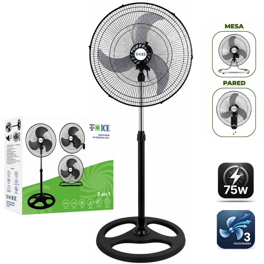 VENTILADOR T-ICE 75 WATTS, 3 ASPAS PEDESTAL, MESA Y PARED - 1