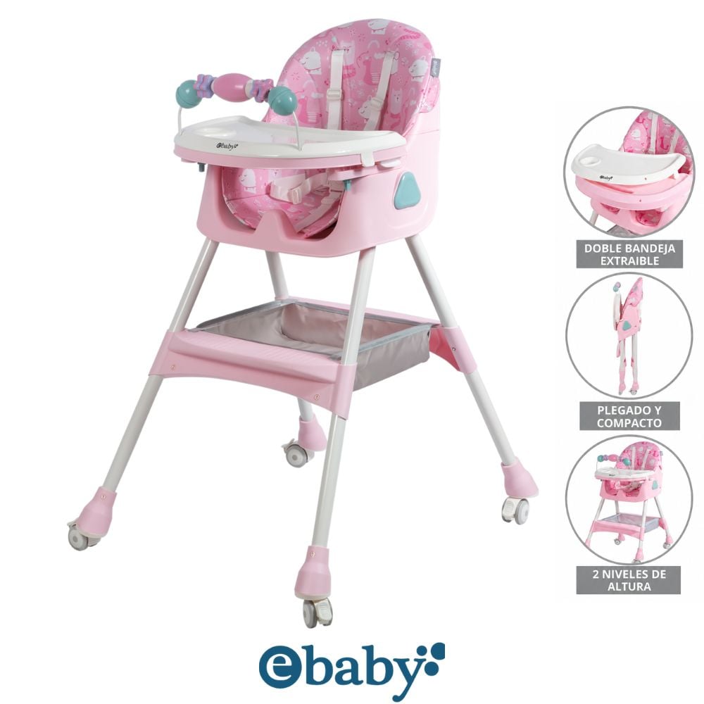 SILLA DE COMER EBABY LULU FUSCIA CON RUEDAS DOBLE BANDEJA - 1