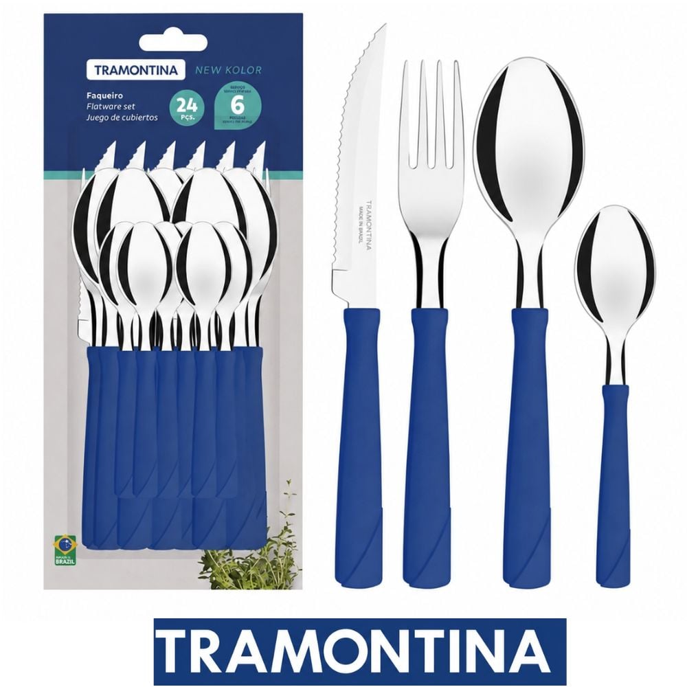 JUEGO DE CUBIERTOS TRAMONTINA 24 PZAS AZUL LÁMINAS DE ACERO INOXIDABLE Y MANGOS DE POLIPROPILENO - 1