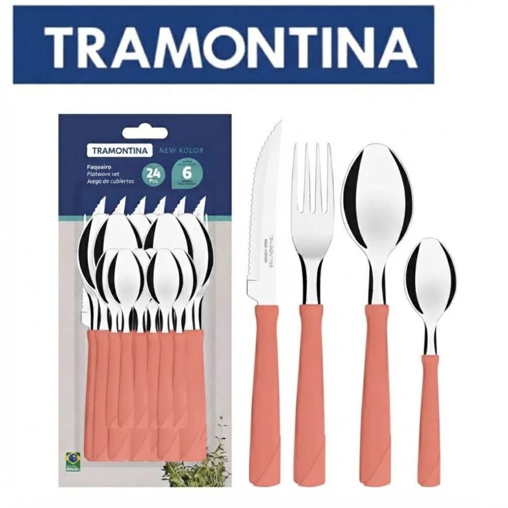 JUEGO DE CUBIERTOS TRAMONTINA 24 PZAS ROSADO LÁMINAS DE ACERO INOXIDABLE Y MANGOS DE POLIPROPILENO - 1