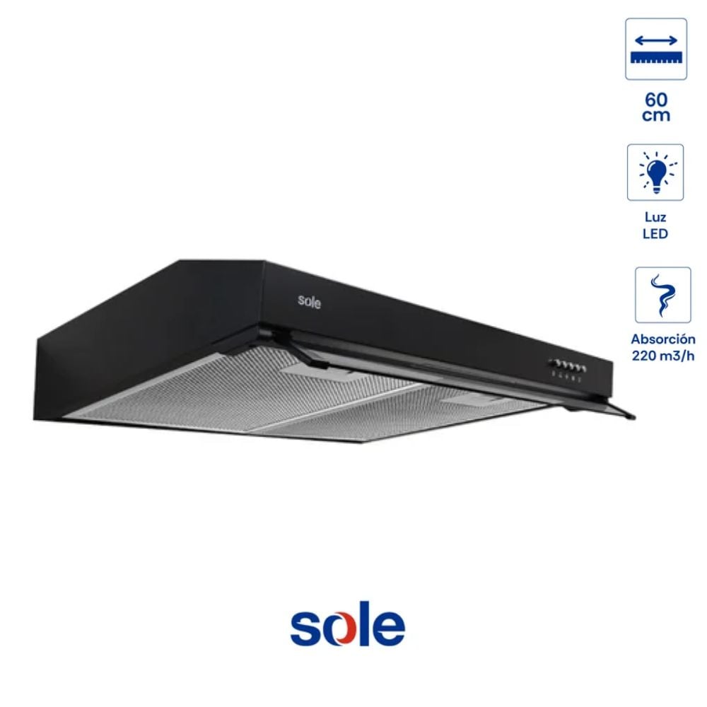 CAMPANA EXTRACTORA SOLE TURE96CO 60 CM ALTO PODER DE SUCCIÓN E ILUMINACIÓN NEGRO - 1
