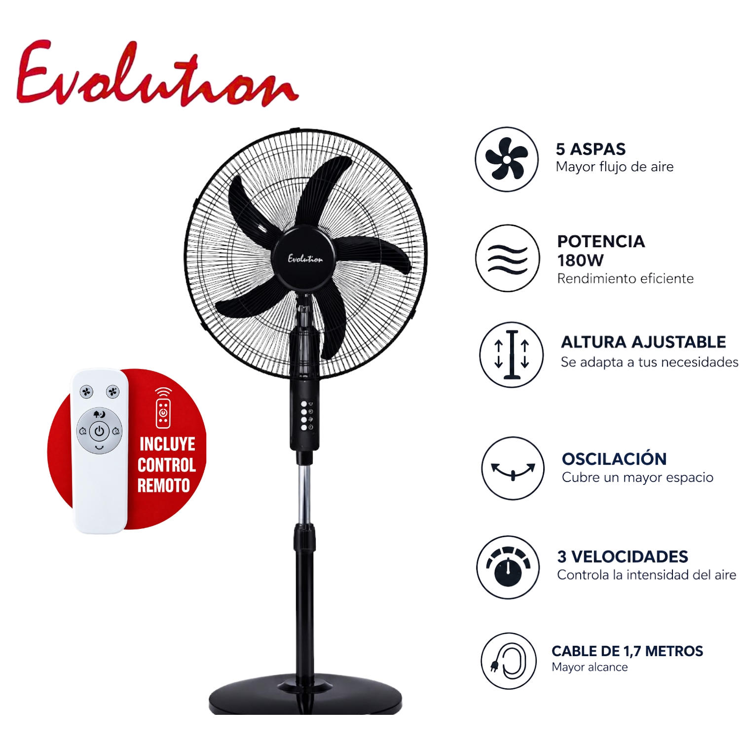 VENTILADOR PEDESTAL EVOLUTION FS45M1R 18” 180W CON CONTROL REMOTO - 1