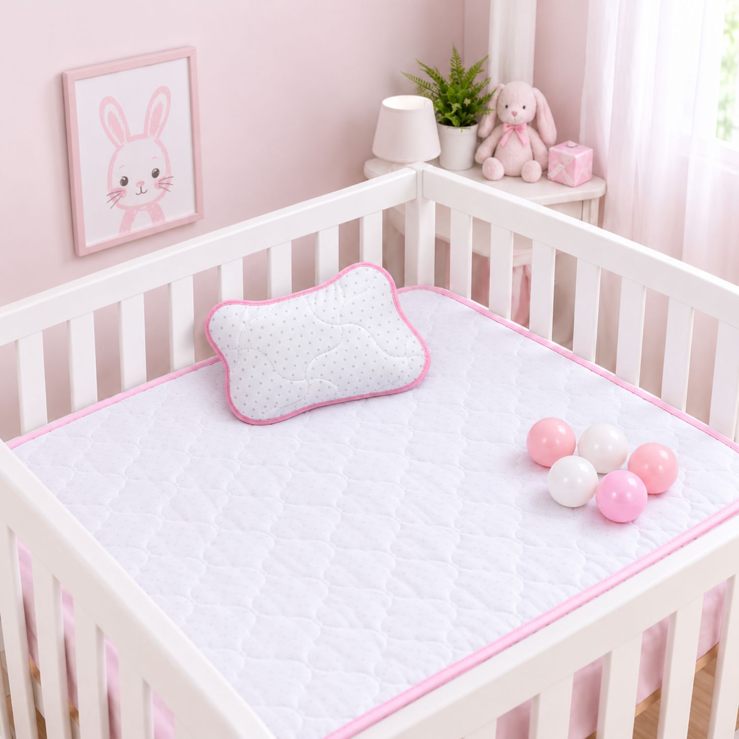 COLCHÓN ROSADO PARA CUNA BEBE CON ALMOHADA + 05 PELOTITAS - 1