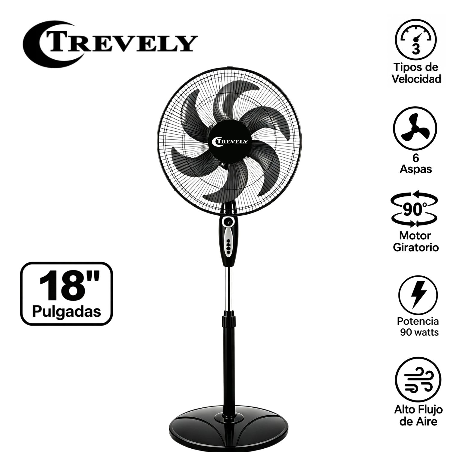 VENTILADOR DE PEDESTAL TREVELY VT 1880 18' 90 W TEMPORIZADOR NEGRO - 1