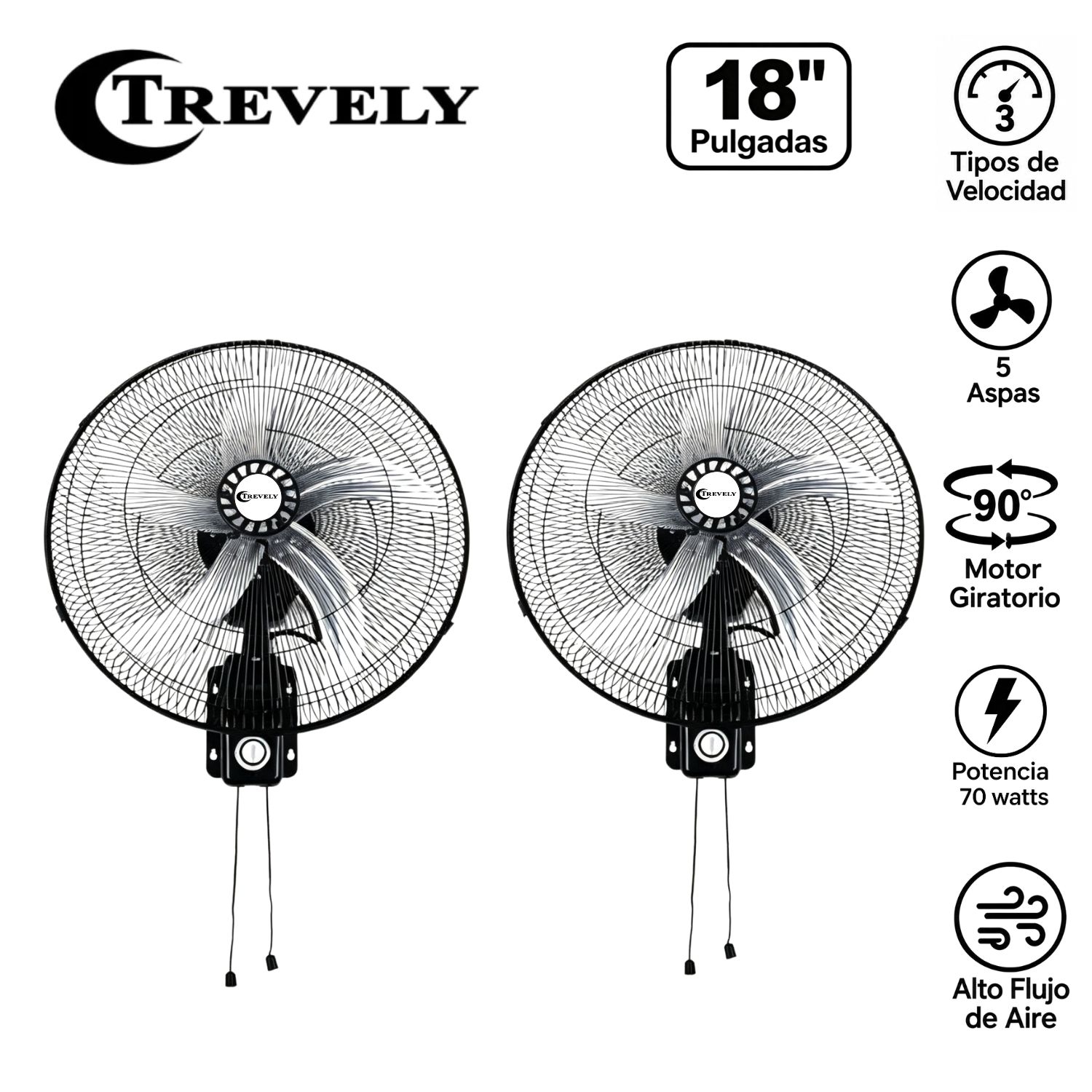 PACK 02 VENTILADORES DE PARED TREVELY VT-1804 18' 70W 5 ASPAS METÁLICAS NEGRO - 1