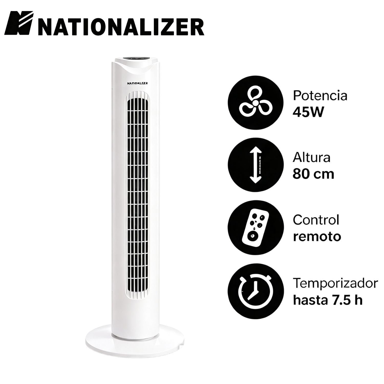 VENTILADOR TORRE NATIONALIZER TF80AR CON CONTROL REMOTO 80CM ALTO 45 WATTS BLANCO - 1