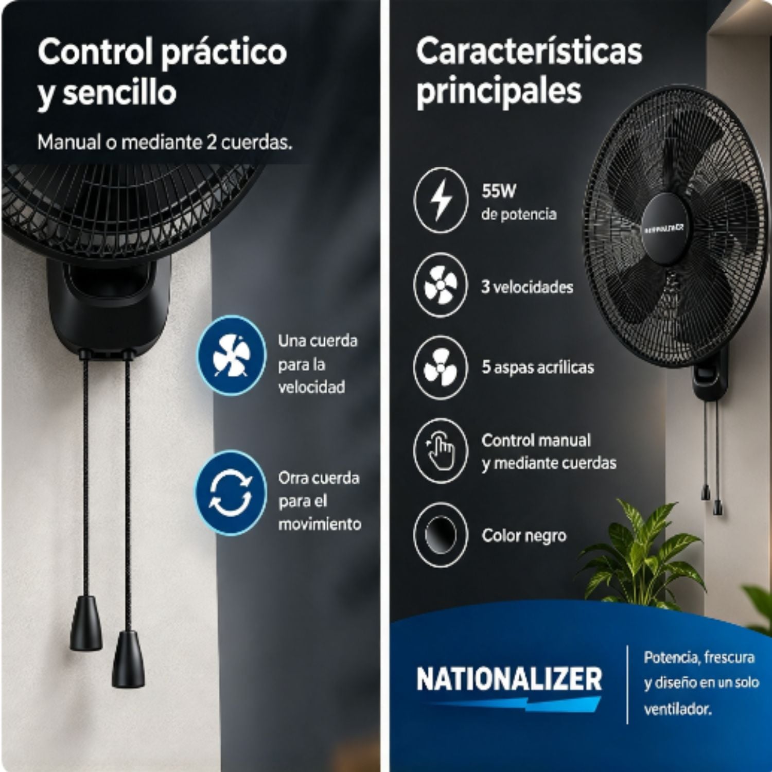 VENTILADOR PARED NEGRO NATIONALIZER NN-FW40826 55 WATTS - 3