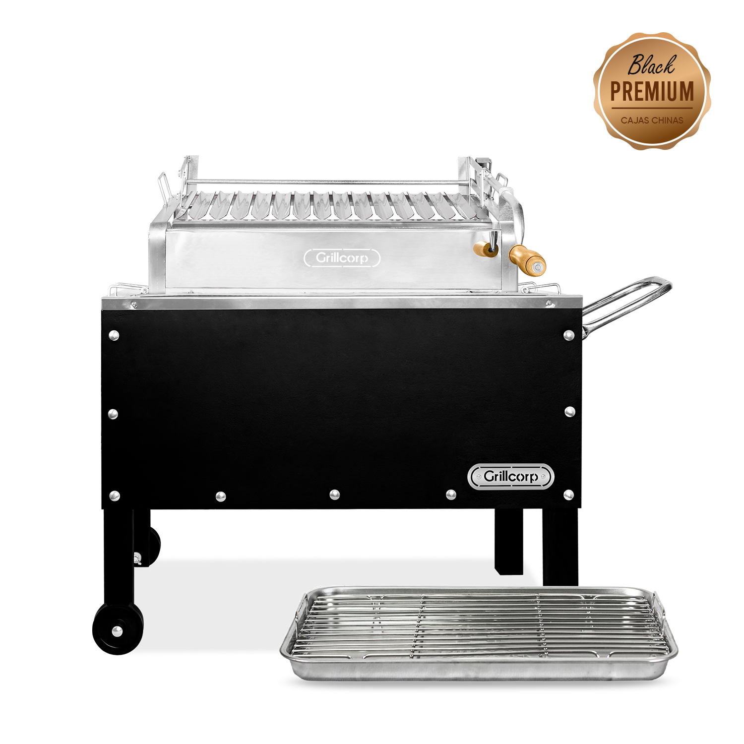 CAJA CHINA GRILLCORP MARRÓN MEDIANA PREMIUM + PARRILLA SISTEMA LEVANTE NIQUEL/INOX 70X40X55 CM - 1