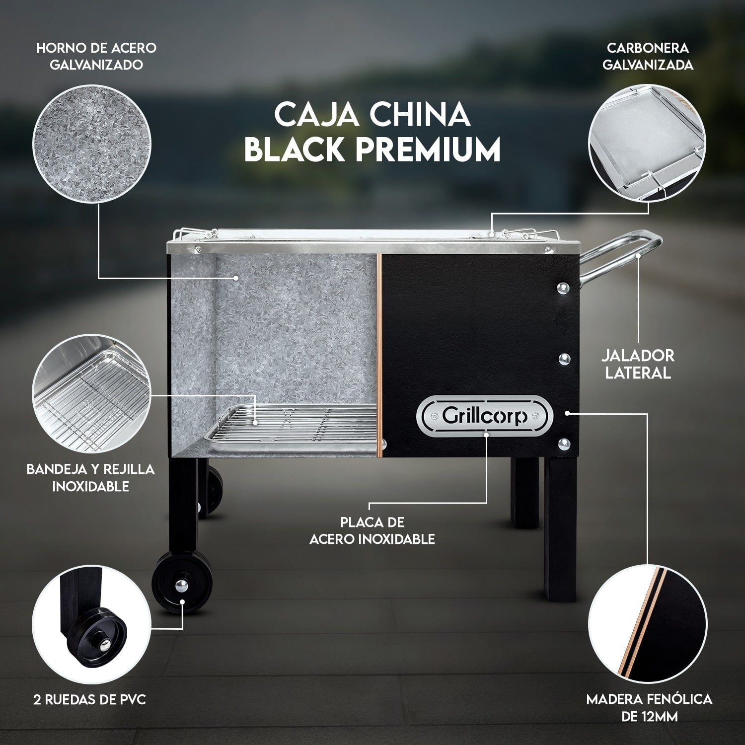 CAJA CHINA GRILLCORP MARRÓN MEDIANA PREMIUM + PARRILLA SISTEMA LEVANTE NIQUEL/INOX 70X40X55 CM - 5