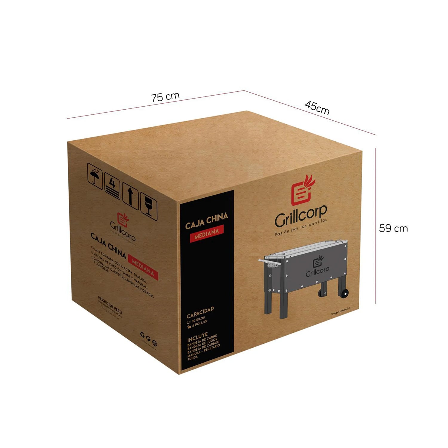 CAJA CHINA GRILLCORP MARRÓN MEDIANA PREMIUM + PARRILLA SISTEMA LEVANTE NIQUEL/INOX 70X40X55 CM - 6