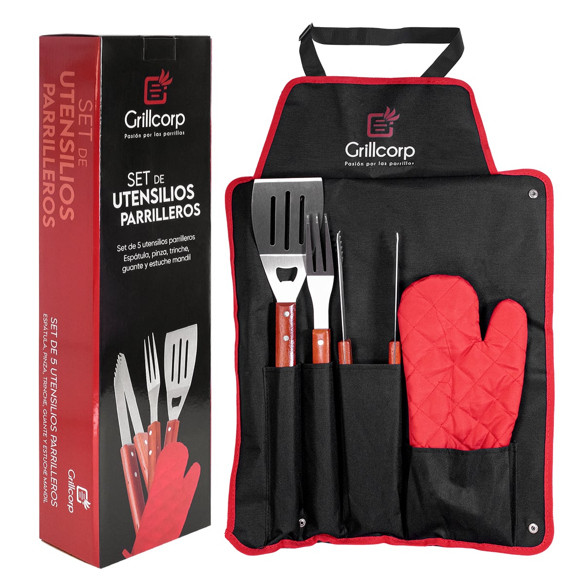 SET ACCESORIOS PARRILLA GRILLCORP 2017222 ACERO UTENSILIOS PARRILLEROS 5 PIEZAS - 1