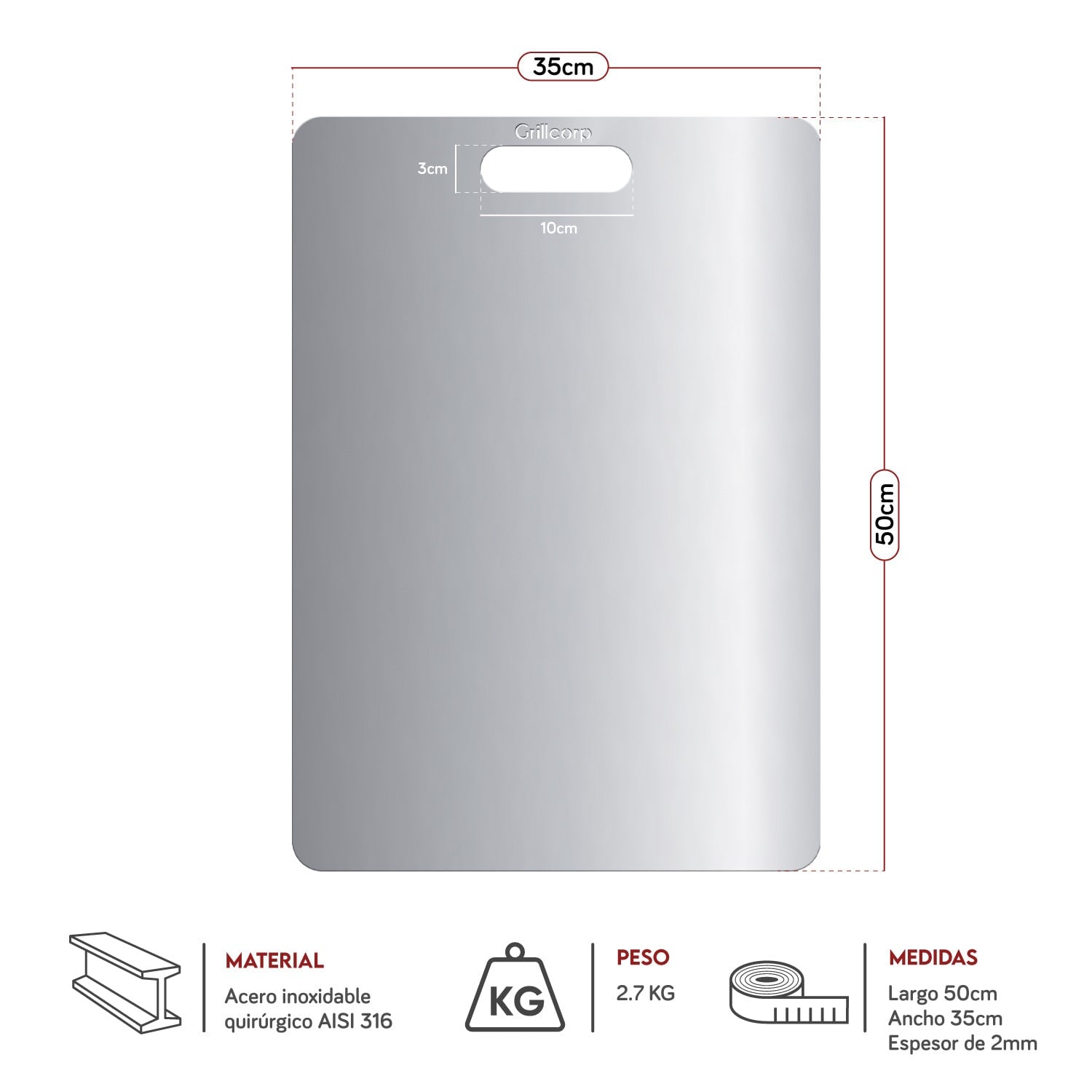 TABLA GRANDE DE ACERO INOXIDABLE  50X35CM AISI 316 GRADO QUIRURGICO - 3