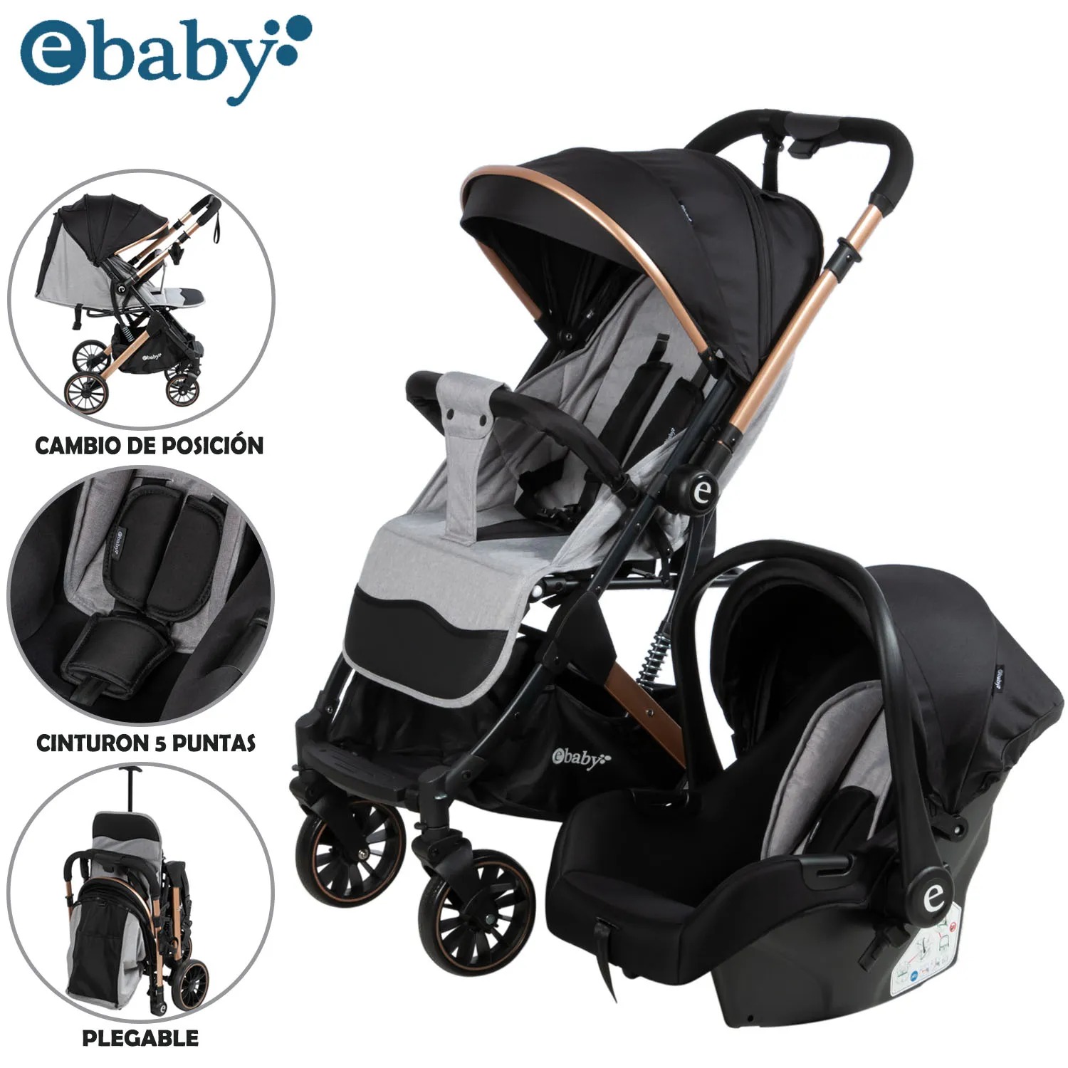 COCHE MOISÉS TRAVEL SYSTEM EBABY «SPARROW» PORTA BEBÉ GRAY - 1