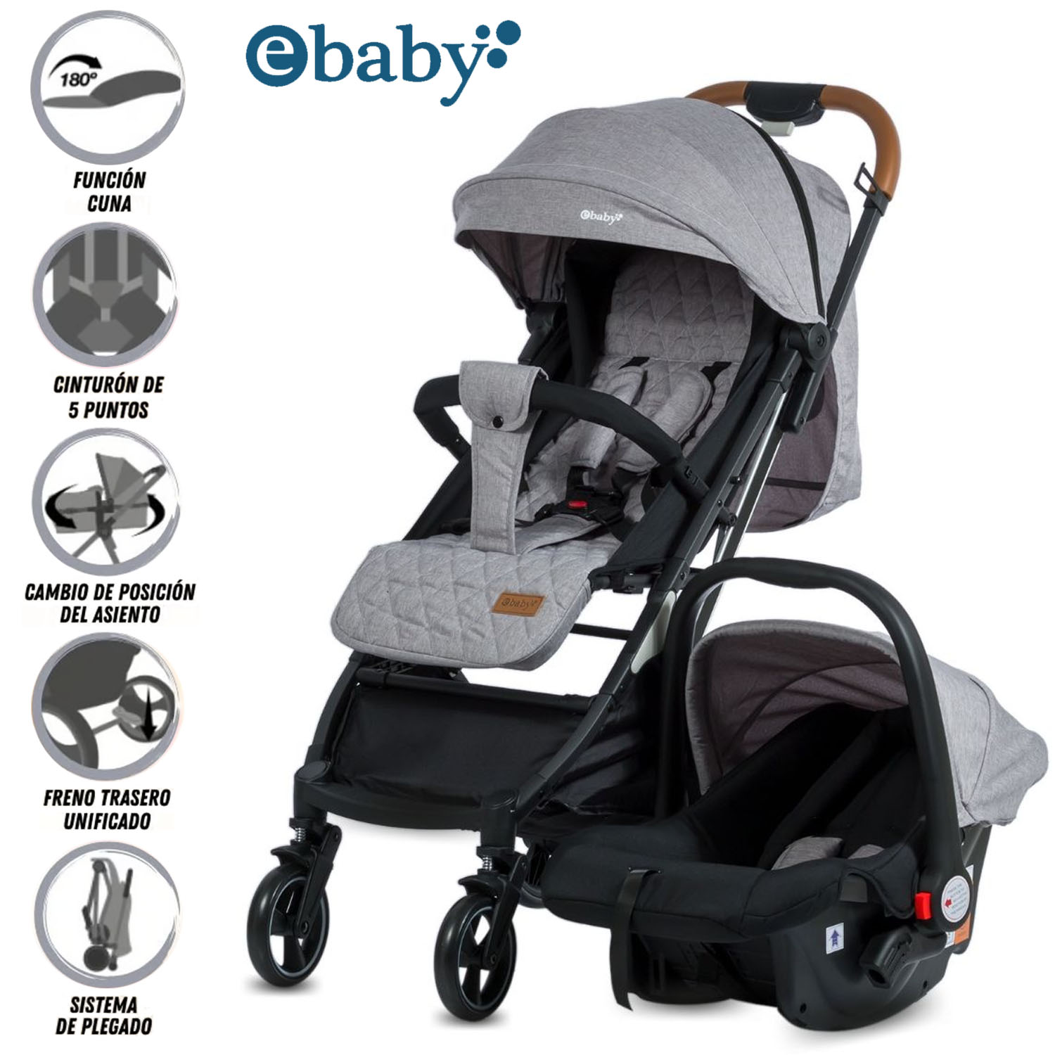 COCHE MALETA «TRAVEL HAPPY» CON PORTA BEBÉ GRIS - 1