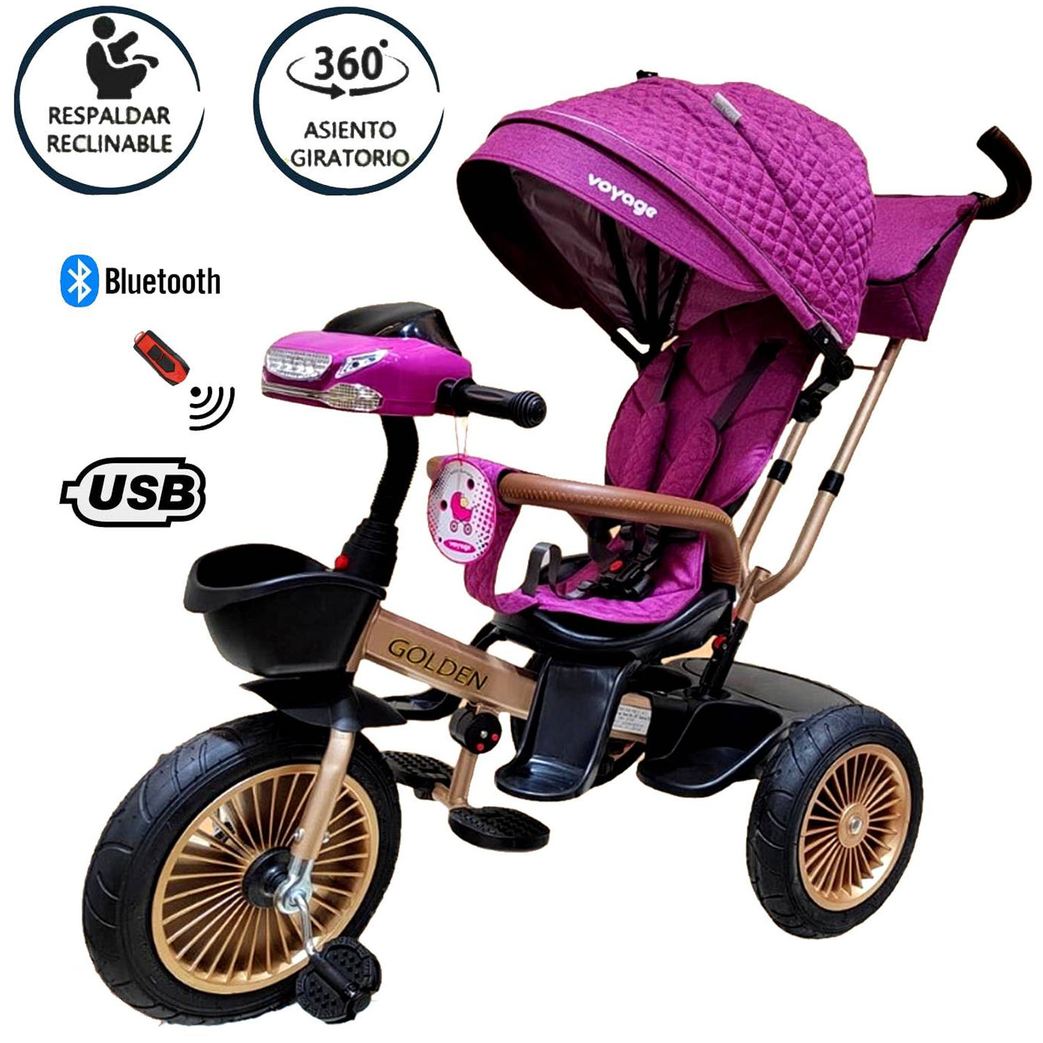 TRICICLO ASIENTO GIRATORIO VOYAGE GOLDEN CON TELA UV FUCSIA - 1
