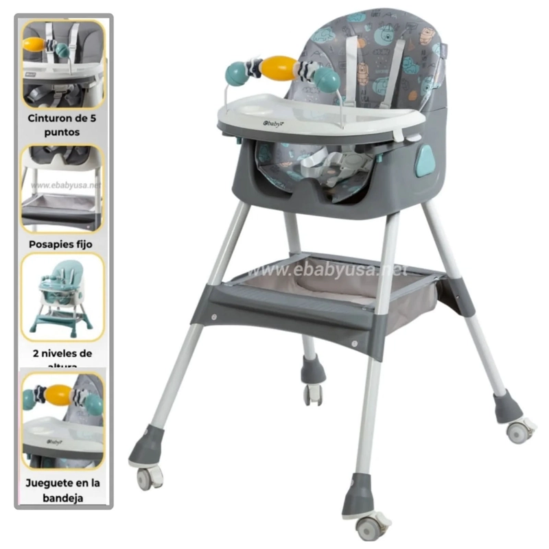 SILLA DE COMER EBABY PLEGABLE DOBLE BANDEJA LULU GRIS CON RUEDAS - 1