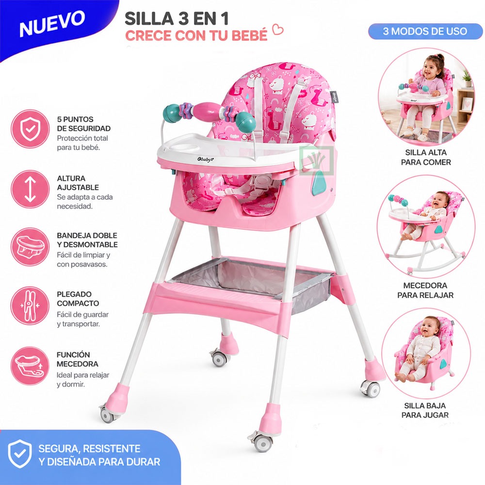 SILLA DE COMER EBABY ASIENTO RECLINABLE DALI ROSADO RUEDAS - 1