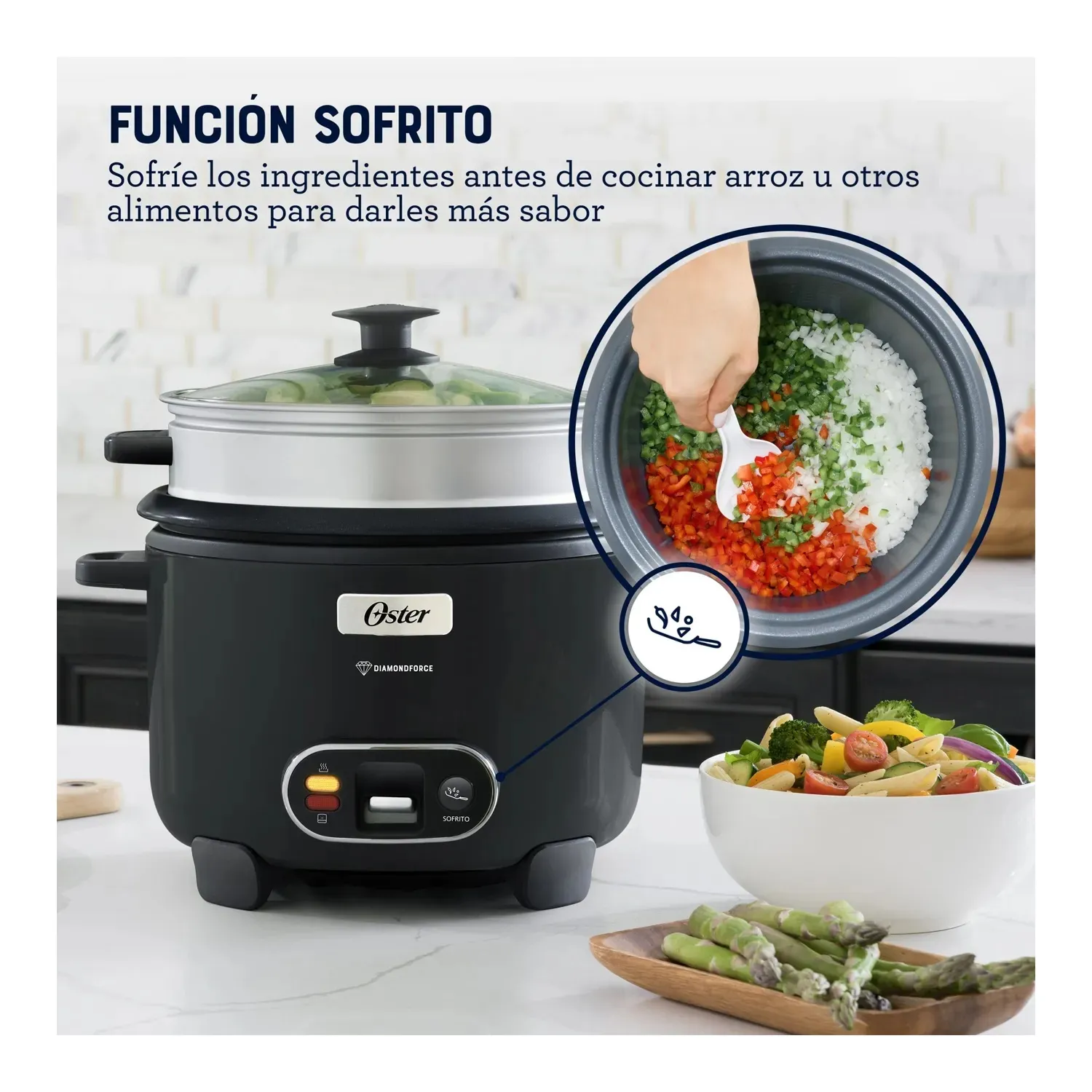 Olla Arrocera Oster 1.8L 3 en 1 Función de Sofrito Vaporera Negro CKSTRC10DFBLK - 4