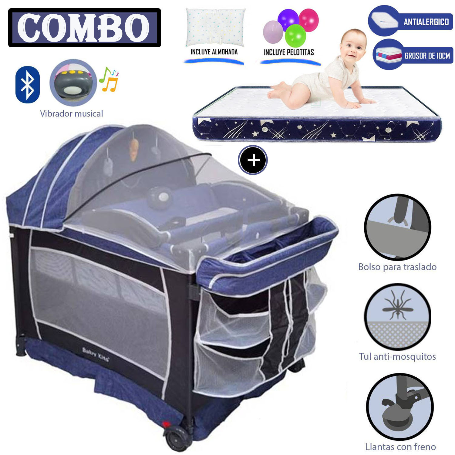 CUNA CORRAL BABY KITS VERONA AZUL + COLCHÓN 4 ' AZUL - 1