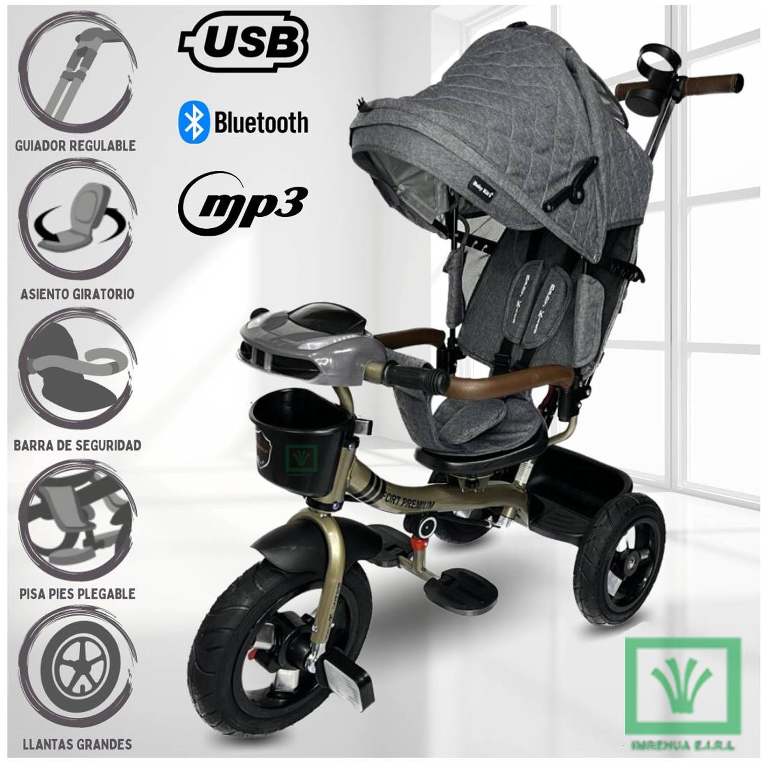 TRICICLO GUIADOR 3 EN 1 «FORT PREMIUM» USB GRIS - 1