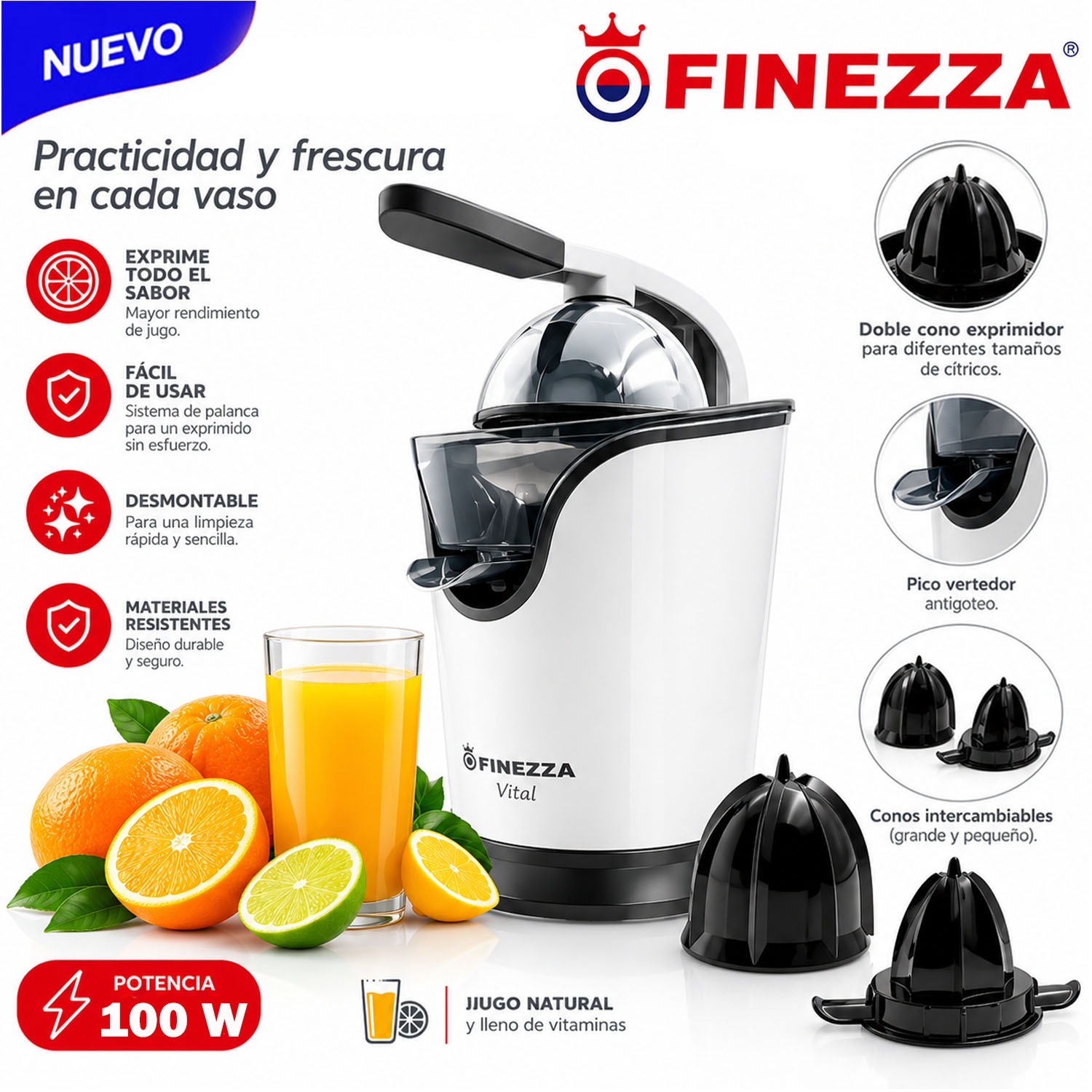 EXPRIMIDOR DE CÍTRICOS FINEZZA FZ- NA6070E CON PALANCA 100 WATTS ACERO - 1