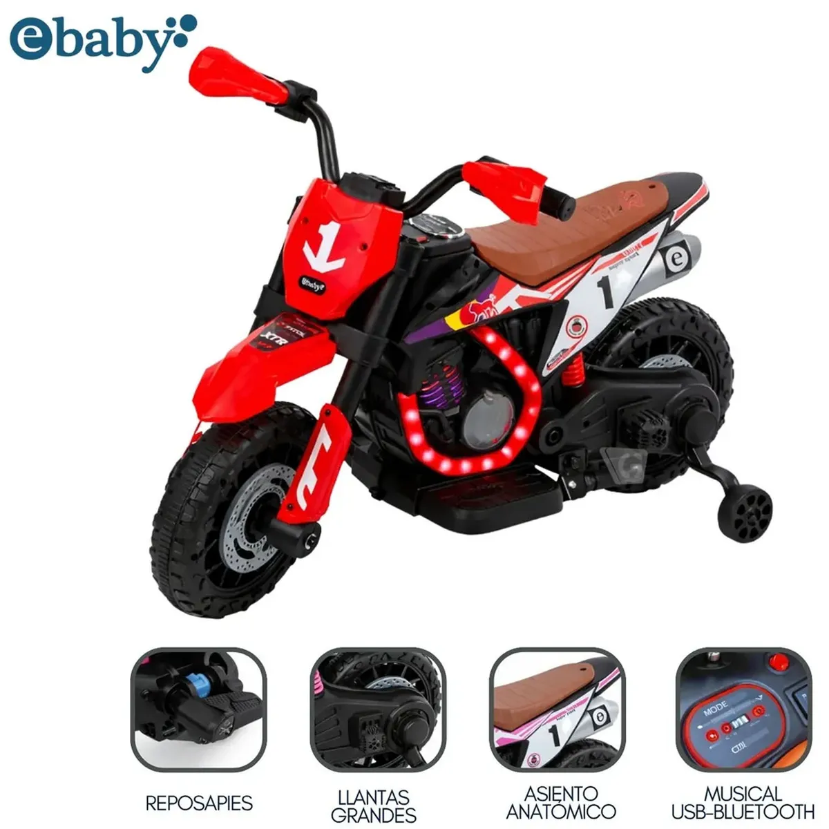 MOTOCICLETA A BATERÍA MUSICAL Y LUCES EBABY COD.349 ROJO - 1
