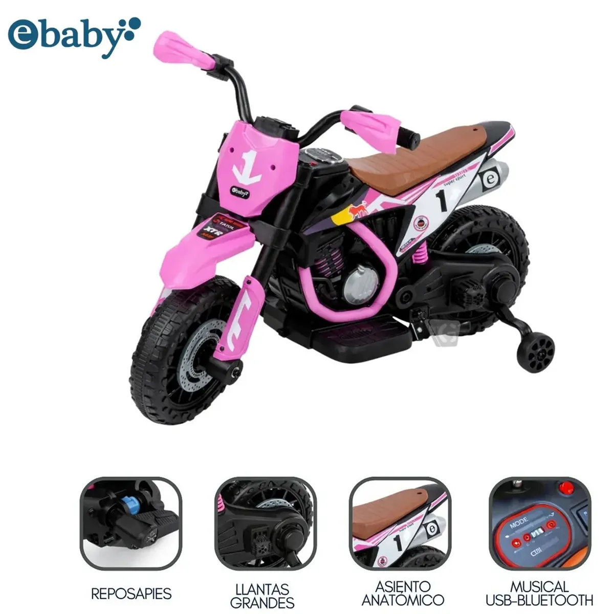 MOTOCICLETA A BATERÍA MUSICAL Y LUCES EBABY COD.349 ROSADO - 1