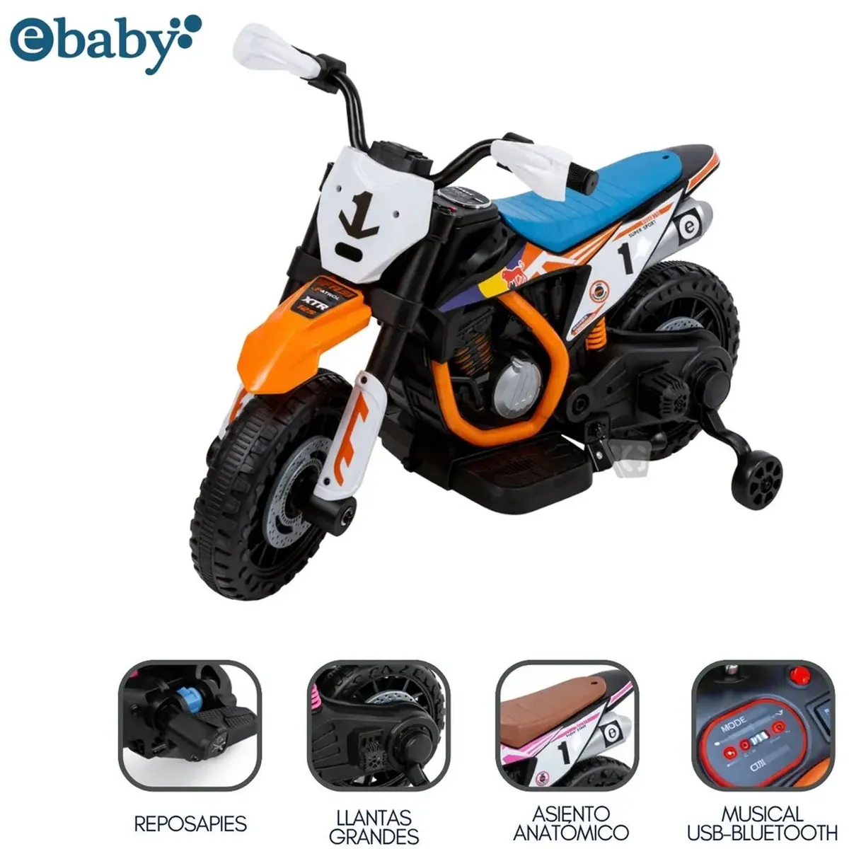 MOTOCICLETA A BATERÍA RECARGABLE MUSICAL Y LUCES EBABY COD.349 NARANJA - 1