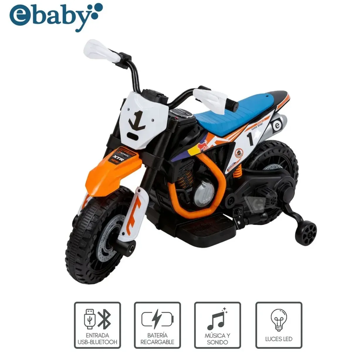 MOTOCICLETA A BATERÍA RECARGABLE MUSICAL Y LUCES EBABY COD.349 NARANJA - 3