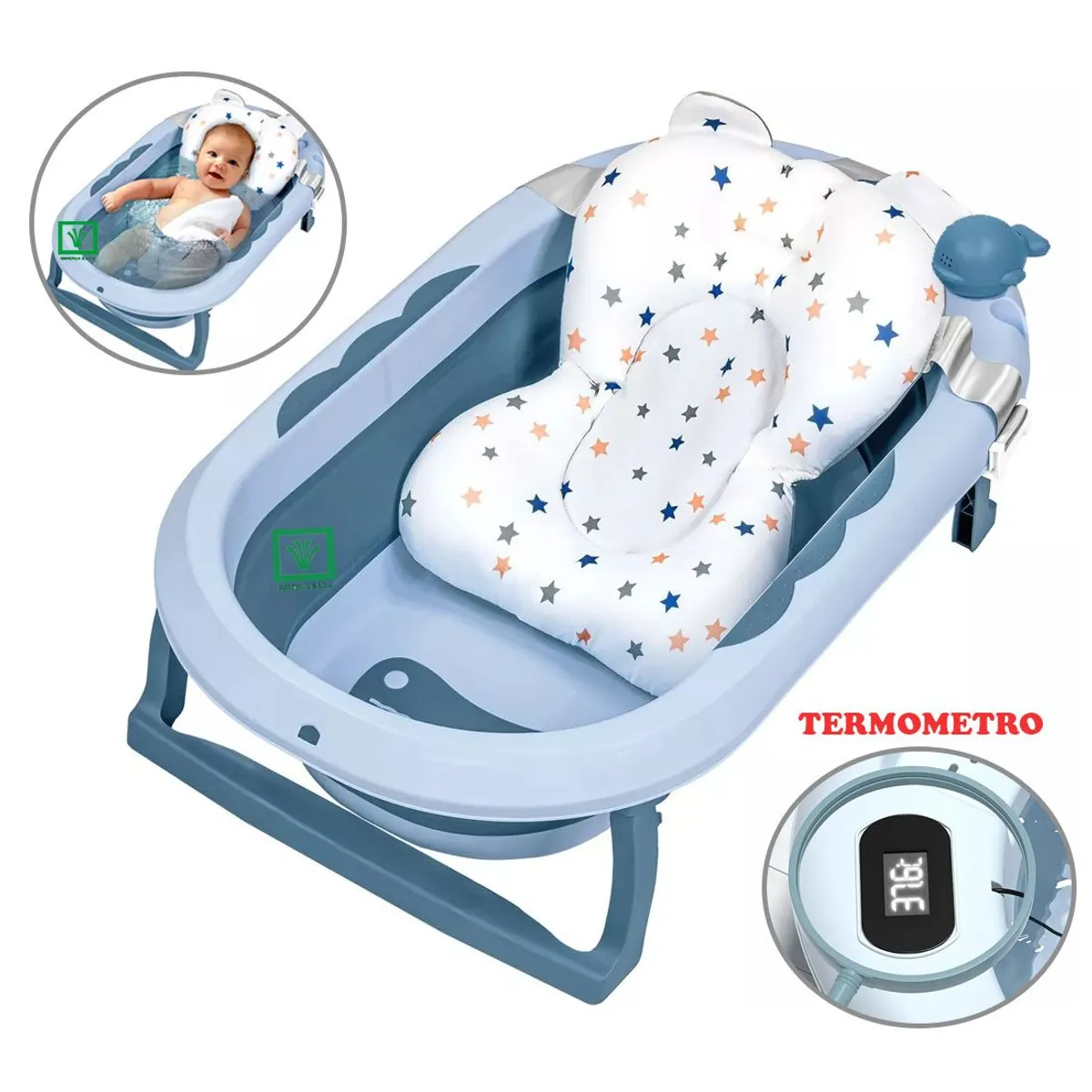 BAÑERA TINA DE BAÑO PLEGABLE BALLENITA CON TERMÓMETRO AZUL - 1